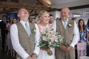 Blithfield Lakeside Barns Wedding Venue: Emotional moment between the bride and groom seeing each other during their wedding.